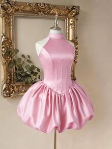 Lovelzi 优雅甜美露肩吊带迷你连衣裙，采用束腰设计，后背系带可调节，适合各种场合，例如鸡尾酒会、网红造型和正式场合。 - 粉色 - 查看 4