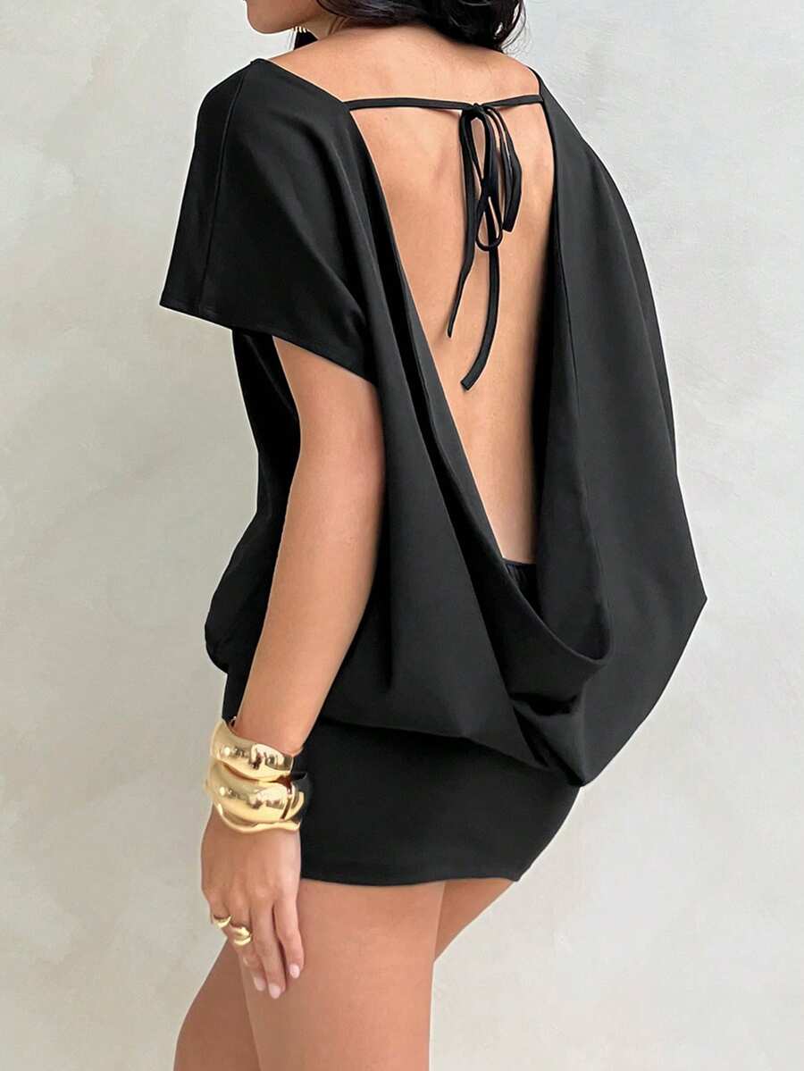 Aloruh Elegant Knit Backless Tie Strap Women Mini Dress, Black Party - Black - View 1