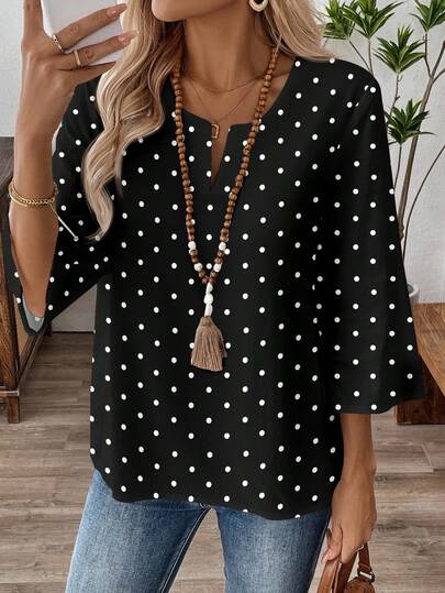 EMERY ROSE 复古波点印花七分袖加大码女式V领衬衫，黑色上衣