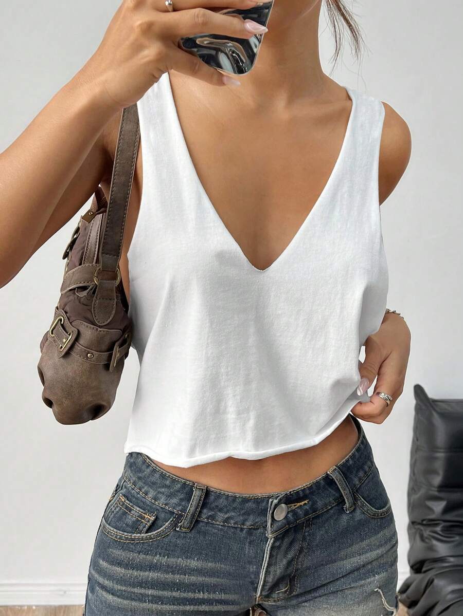 SHEIN EZwear Áo ba lỗ cổ chữ V sâu màu trơn phong cách đơn giản cho nữ - trắng - Xem 1
