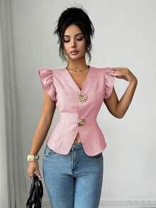 SHEIN Elenzya 女款優雅V領金屬扣飾裝飾、收腰設計與荷葉袖、精緻女士襯衫 - 粉色 - 查看 5
