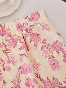Set de 2 piezas Falda larga de línea A con estampado floral elegante, blusa de manga abullonada para adolescente, cuello con decoración de perlas, estilo minimalista - Rosa - Ver 6