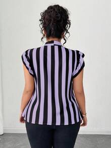 Elenzga Blus Lengan Pendek Bergaris Hitam Putih Ukuran Besar untuk Kasual/Kerja - Mauve Purple - View 2
