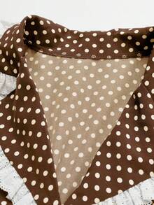 Sweetra Fashionable French Style Polka Dot V-Neck Short Sleeve Waist Cinched Dress - Brown - View 3