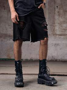 Skyrend Men Loose Fit Ripped Raw Hem Denim Shorts Distressed Design Jortsemo - Black - View 5
