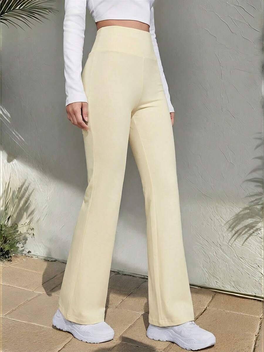 SHEIN EZwear 女士休闲高腰喇叭针织裤 - 杏色 - 查看 1