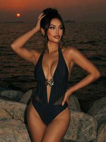 Swim SXY 1 pieza Nuevo traje de baño sexy para mujer de cuello halter con profundo escote en V y espalda descubierta, color negro sólido, para primavera/verano - Negro - Ver 1