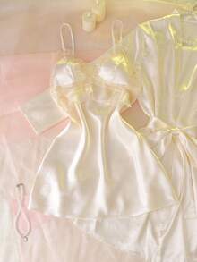 Women's Sexy Mesh Contrast Lace Camisole Nightgown & Robe Set, Cute Sleepwear - Apricot - View 5