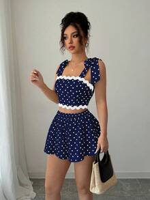 Selianne Summer Cute Vacation Holiday Navy Blue Polka Dot 2 Piece Set For Women,French Elegant Bow Tie Crop Top & Elastic Waist Loose Skort Outfits,Petite Set - Navy Blue - View 8