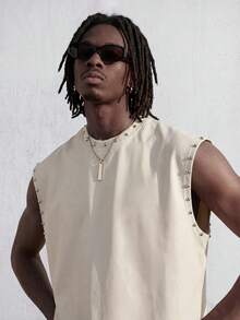 ROMWE MEN Áo tank top nam mùa hè kiểu dáng thường ngày, trang trí đinh tán, dáng rộng - Màu be - Xem 7