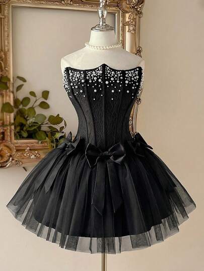 Lovelzi Elegante e romantico abito da donna per feste, matrimoni, lauree e altre occasioni speciali, con gonna in pizzo e rete a palloncino, corpetto con stecche, fiocco rimovibile sulla schiena e spalline regolabili