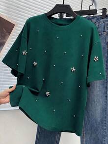 Franclia New Casual Rhinestone Decor Loose T-Shirt For Women - Green - View 3