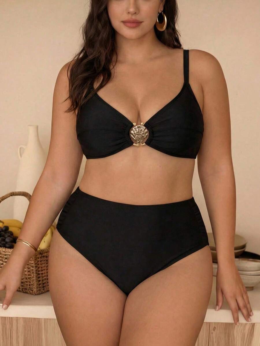 Swim Chiccia 2026 New Elegant Metal Decor Solid Color Adjustable Strap Swimwear Set, Chic Beach Holiday Outfit For Plus Size - Black - View 1