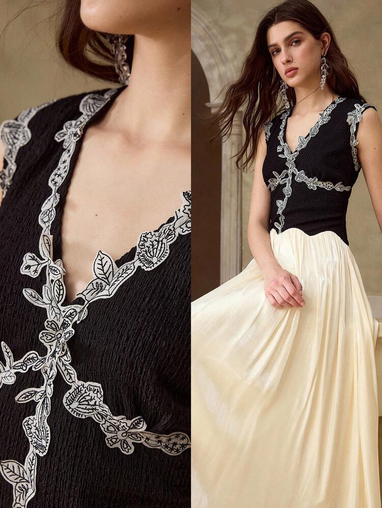 V-NECK COLORBLOCK WAIST FIT & FLARE MIDI DRESS WITH EMBROIDERY DECOR