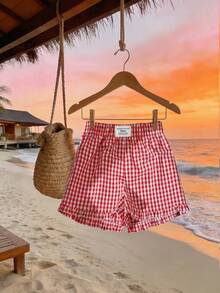 Comfortcana Women's Casual Red Plaid Ruffle Hem Shorts, Suitable For Summer - Red - View 6