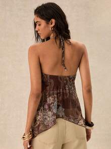 Easelle Áo tank top cổ yếm bằng vải lưới in họa tiết dành cho nữ - màu nâu - Xem 2