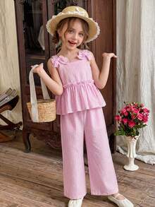 Emery Rose Kids 少女休闲假期上学通勤街头时尚吊带背心拼接A字编织蓝白条纹上衣搭配同款拼接阔腿裤套装 - 粉色 - 查看 2