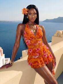 Vaytide Nuevo vestido de verano de ajuste ceñido con volantes multicapa y estampado de plantas tropicales semitransparente, vestido de playa sexy con espalda descubierta y ajuste estilizante, conjunto de traje de baño de 2 piezas con shorts para mujer - Multicolor - Ver 2