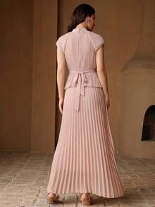 Anewsta Đầm maxi dài, tay ngắn, thắt eo, xếp ly, thanh lịch, kèm dây thắt lưng màu hồng, dành cho nữ. - Hồng - Xem 2
