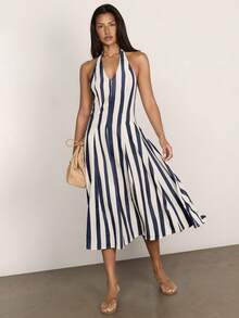 COSMINA Women's Vacation Casual Striped Backless Halter Midi Dress - Multicolor - View 2