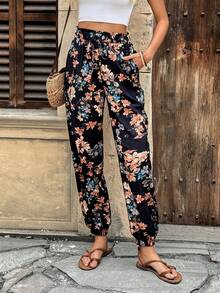 SHEIN PETITE Quần nữ ống côn, cạp chun, in họa tiết cây nhiệt đới, có túi, thích hợp cho mùa hè. - màu đen - Xem 5