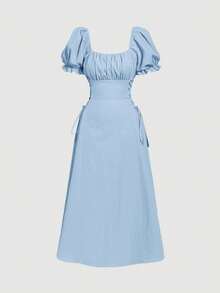 SHEIN MOD 女士纯色方领花瓣袖系腰中长连衣裙 - 淺藍色 - 查看 4