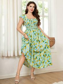 SHEIN Clasi Plus Size Women Lemon Print Ruched Date Beach Vacation Dress, Light Blue, Summer, Boho, Picnic, Holiday New Arrival Fashionable Vintage Zanea Dress - Multicolor - View 1