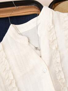 SHEIN 百搭度假风圆领蕾丝拼接宽松米色女式衬衫，春夏款 - 白色 - 查看 6