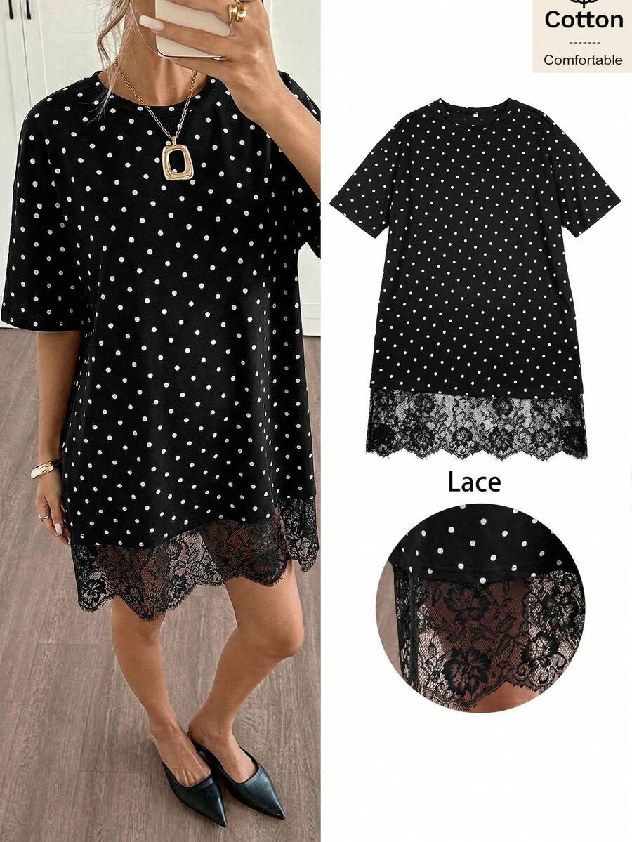 Siren Gaze Đầm thun chấm bi thanh lịch mùa hè cho nữ, đầm mini tay ngắn dáng rộng viền ren, trang phục dự tiệc đi biển, đầm chấm bi đen trắng thanh lịch cho nữ, trang phục mùa hè cho nữ, đầm thường ngày cho nữ, quần áo mùa hè, trang phục mùa hè, đầm phong cách Y2K - màu đen - Xem 1