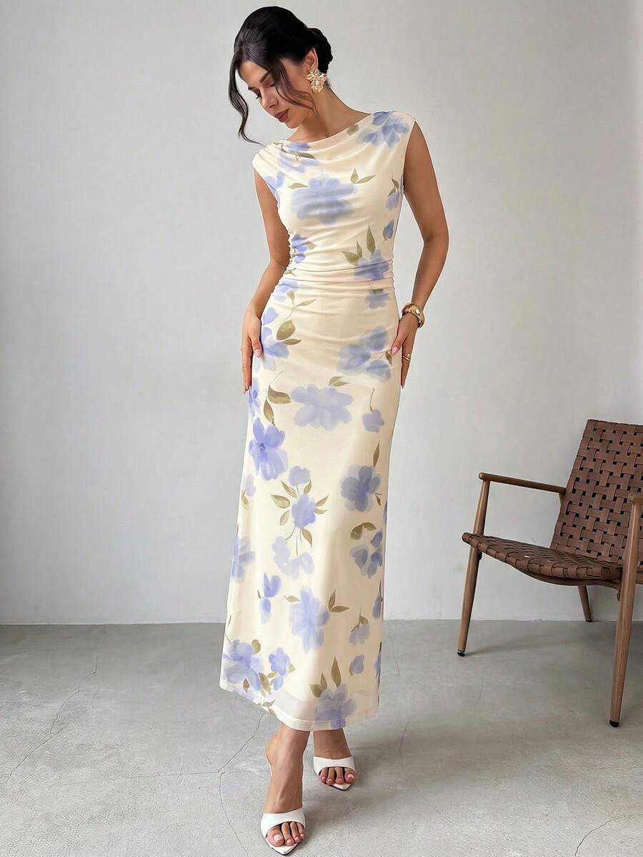 Firerie 女士优雅休闲浪漫假日约会沙滩长裙，黄粉色网纱印花船领荷叶边无袖露背修身连衣裙，适合下午茶、户外派对、休闲度假等场合。 - 彩色 - 查看 1