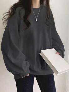 DAZY Áo nỉ dài tay rộng cổ tròn màu trơn dành cho nữ, áo dài tay, quần áo mùa thu, quần áo trở lại trường - Màu xám đen - Xem 3