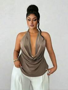 Maweii Plus Size Braided Knit Draped Neck Backless Vest, Sexy/Casual/Holiday - Khaki - View 6