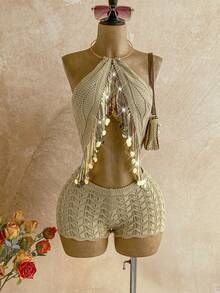Soleia Bộ đồ 2 món dành cho nữ, áo len cổ yếm đính sequin và tua rua viền, gồm áo và quần short len, thích hợp cho kỳ nghỉ. - Màu be - Xem 4
