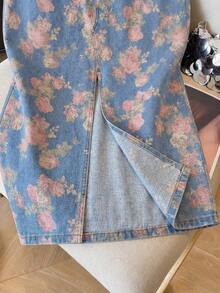 SHEIN MOD 大码夏季休闲碎花开衩牛仔裙 - 中等水洗藍 - 查看 3