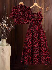 Gownix Plus Size Women Leopard Print Camisole Dress And Single-Breasted Short Sleeve Top Casual 2-Piece Set - Red - View 8