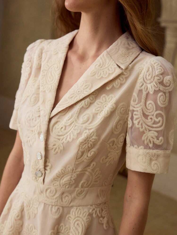 SUMMER NEW ARRIVAL EXQUISITE 3D FLORAL JACQUARD LACE ETHEREAL PALACE STYLE BANQUET SHIRT COLLAR PETAL SLEEVE WAIST CINCHED A-LINE PRINCESS DRESS FOR WOMEN