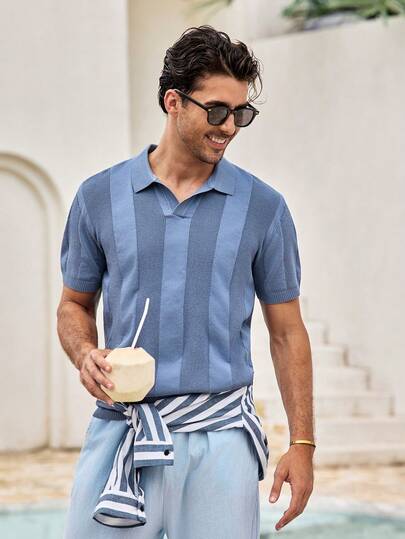 Mercer Haus 男士浅蓝色针织高尔夫上衣，翻领设计，纯色条纹款式，适合在夏威夷享受夏季热带假期。