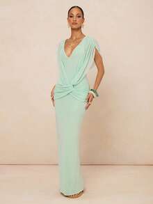 Lumalex 女士优雅性感绿色V领开衩扭结无袖修身连衣裙，春夏款 - 綠色 - 查看 7