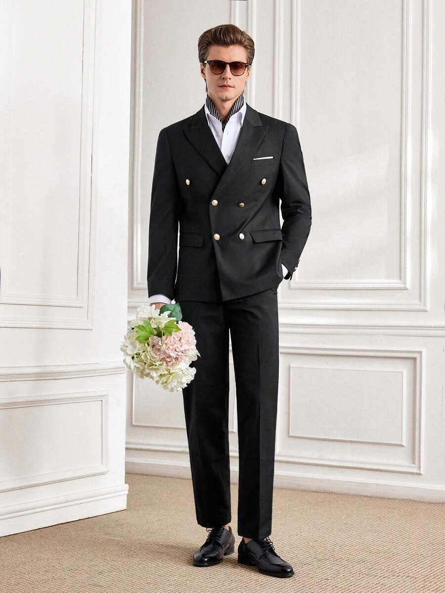 Officeau 男士 2 件組黑色尖領雙排扣婚禮西裝，西裝外套與長褲，適用於新郎/伴郎/賓客