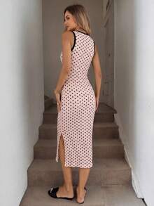 Easowa 女士波点印花滚边圆领修身中长连衣裙 - 粉色 - 查看 2