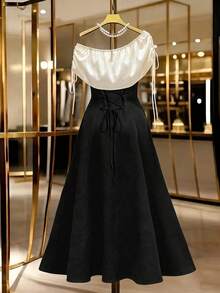GlowEve CURVE Plus Size Women's Colorblock Asymmetric Neck Drawstring Design Elegant Dress - Black and White - View 2