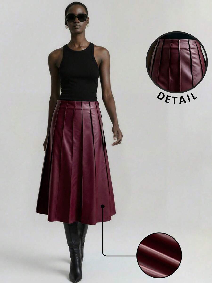 Ontre Chân váy chữ A dự tiệc và đi nghỉ mát dành cho nữ 2026SS, chất liệu da PU màu đỏ tía, phù hợp cho mọi mùa, thanh lịch và đa năng, thiết kế tối giản, chân váy xếp ly. - Màu Đỏ Sâu - Xem 1