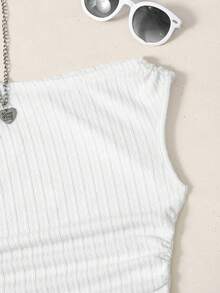 SHEIN Teen Girl Splice Casual Asymmetric Shoulder Textured Fabric Camisole - White - View 3