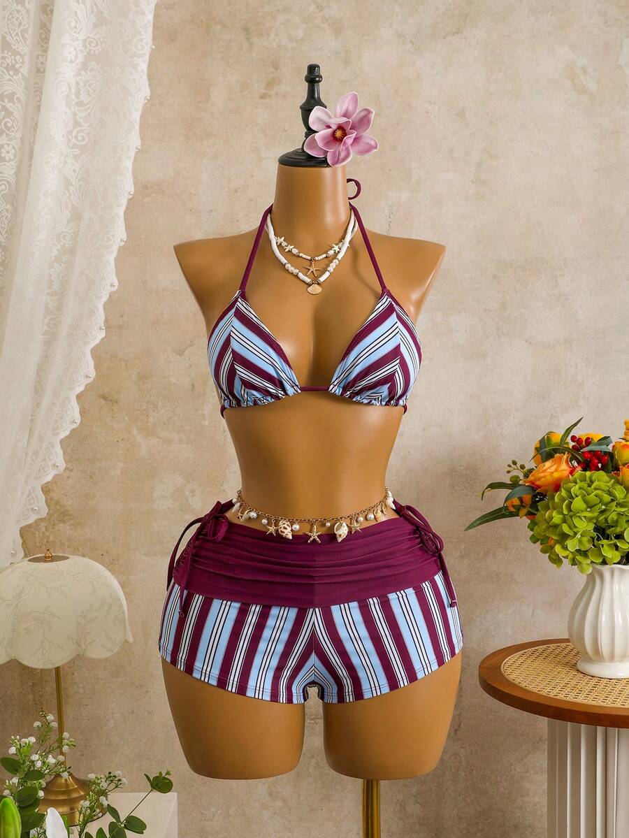 Swim Vcay Bộ bikini 3 mảnh phong cách boho, sọc kẻ, cổ yếm, dành cho nữ, thích hợp cho kỳ nghỉ biển, tiệc tùng, hàng mới về. - Nhiều màu - Xem 1