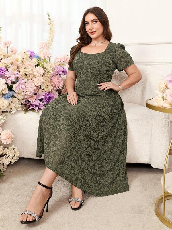 Reflora Vestido de fiesta de talla grande para mujer con cuello cuadrado, estampado integral y cintura ceñida