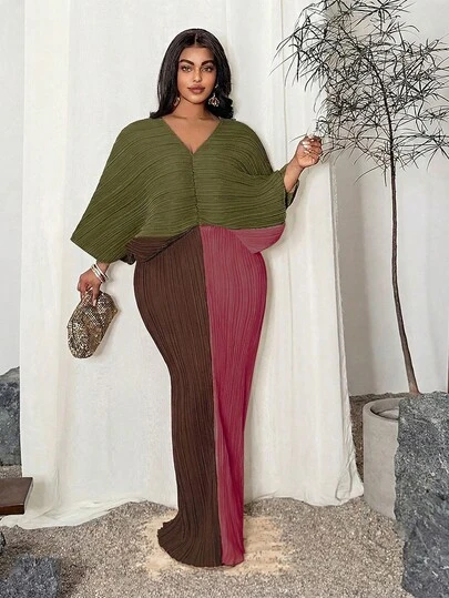 Maweii Đầm ôm sát cổ chữ V tay cánh dơi phối màu gợi cảm, thoải mái dành cho nữ cỡ lớn, thích hợp mặc đi làm, đi nghỉ mát.