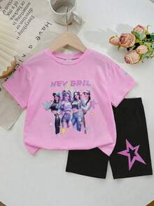 SHEIN Cute Young Girls Multicolor Graphic Print Drop Shoulder Short Sleeve Tee And Bermuda Shorts Set - Multicolor - View 5