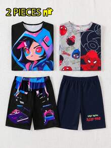 SHEIN GraphicGems Bộ đồ ngủ mùa hè mới dành cho bé trai tuổi teen, kiểu dáng thường ngày, in hình hoạt hình, áo thun ngắn tay và quần short, bộ 2 mảnh phong cách đường phố, họa tiết nhân vật hoạt hình, đồ mặc nhà thời trang cho thanh thiếu niên. - màu đen - Xem 3