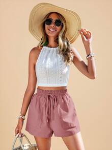 Travachic Women's Solid Color Dusty Pink Summer Shorts, Boho Drawstring Waist Vacation Holiday Casual Beach, Elegant Comfortable Spring Shorts - Watermelon Pink - View 6