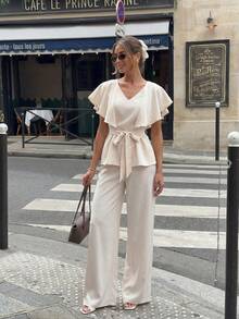 Firerie Bộ đồ vest 2 món thanh lịch tối giản tinh tế lãng mạn cổ chữ V có thắt lưng bèo nhún viền chữ A áo sơ mi và quần dài cạp cao màu mơ cho nữ, phù hợp mặc hàng ngày, đi làm, đi nghỉ - Màu be - Xem 2